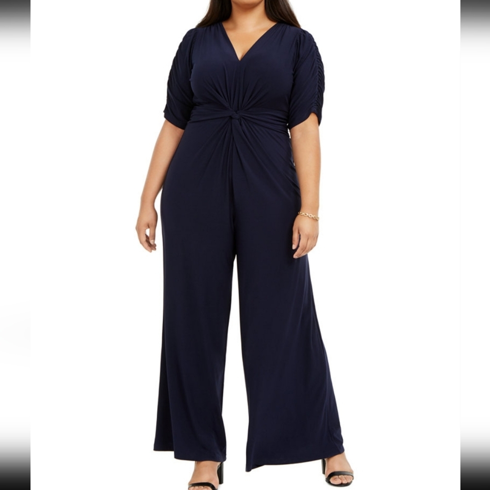 Vince Camuto Twisted Navy Blue Jumpsuit With Ruched Elbow Sleeves